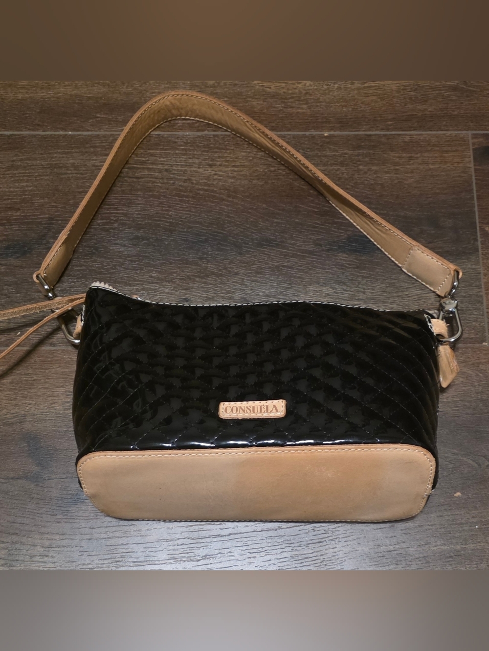 Consuela Black Quilted Patent Shoulder Bag with Tan Trim